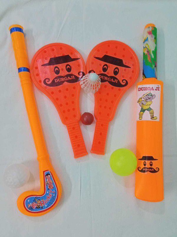 DURGA JI PLASTIC BAT BALL ,HOCKEY & RACKET FOR KIDS SUPER COMBO - MULTICOLOUR (AGE 2+) Hockey