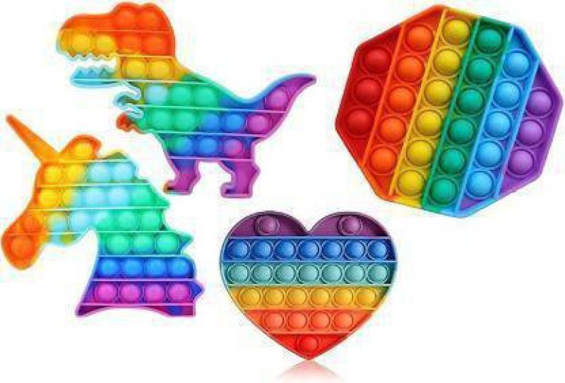 HIM TAX Combo of 4 Shape Pop It Fidget Toys Silicon Stress Refief Toy for Girls Boys Kids Push Pop Bubble Fidget Gift Toy for Children Indoor Outdoor Game (Heart + Octagon + Unicorn + Dinosaur, Piece of 4) (Multicolor Rainbow)  (Multicolor)