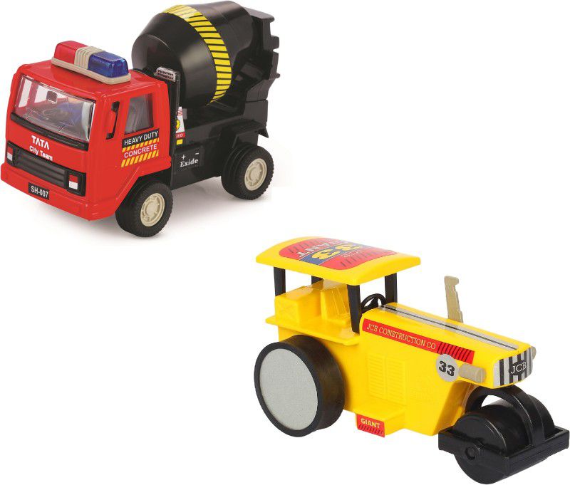 DEALbindaas Combo of Cement Mixer & Road Roller Trucks Pull Back Die-Cast Scaled Model Toy  (Multicolor, Pack of: 2)