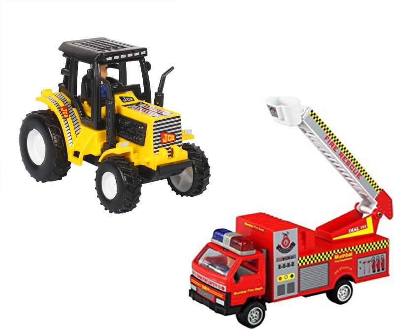 DEALbindaas Combo of 2 Pull Back Toys Fire Brigade & Tractor Die-Cast Scaled Model  (Multicolor, Pack of: 2)