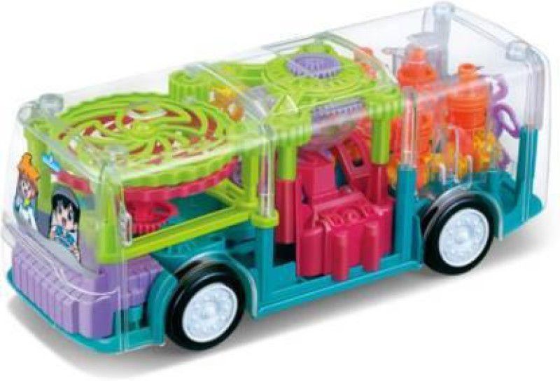 JVTS Transparent Mechanical Creative Gear Bus toy for kids ,Battery Operated funny toy With Music ,3D multi Lights And 360 degree rotation, Bump N go Action, Gear Bus  (Multicolor)