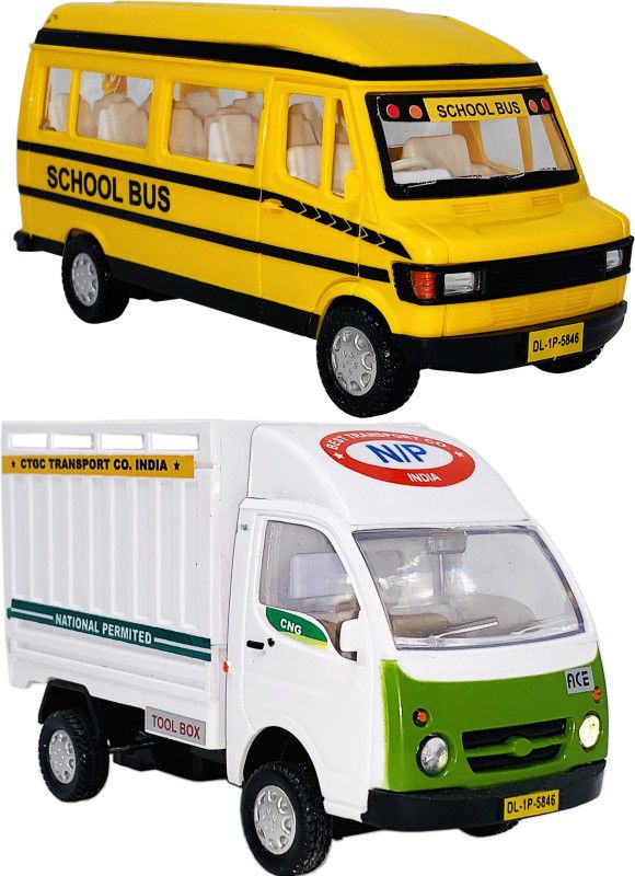 Giftary 2 Mini Size Plastic Made Indian Replica Tempo School Bus Toy + Goods Carrier Truck Toys For Boys| Kids Playing Toys| Use As Showpieces[2 Combo Offer]  (Yellow, White, Pack of: 2)