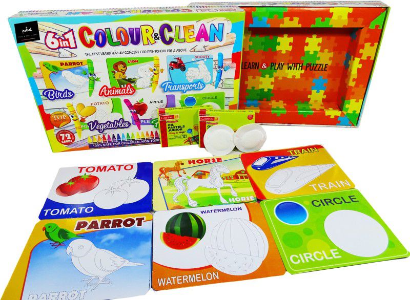 poksi "6 in 1 Color & Clean" Fruits, Vegetables, Birds, Animals, Shapes and transport Flash Cards  (72 Pieces)