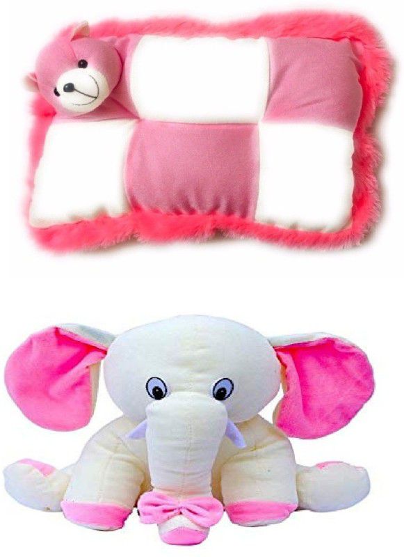Prince Soft Toys Soft Pillow for Kids:: Pink white pillow teddy bear:: Baby pillow for kids White soft elephant 27cm - 40 cm  (Pink, White)