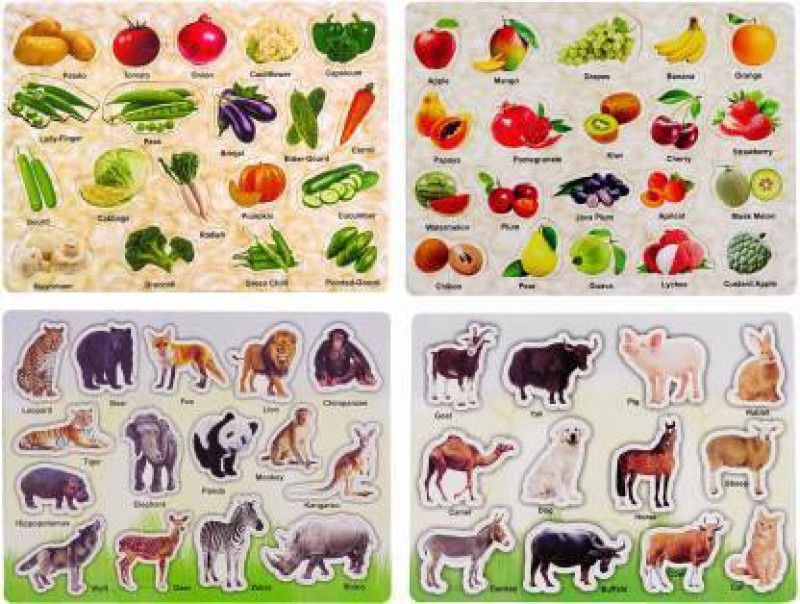 BitFeex printed puzzle set , jungle animal , fruit , vegetable , Board for Kids with Knobs & Pictures, Colorful Early Learning & Educational Montessori Toys for Kindergarten & Pre-School 3+ years Toddlers  (4 Pieces)