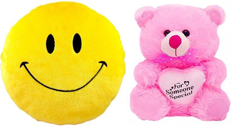 Agnolia stuffed Smiley cushion -Smile with Pink Teddy - 10 inch  (Multicolor)