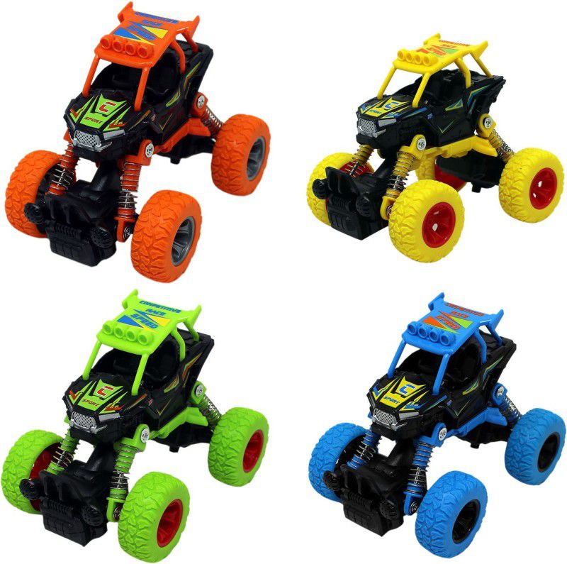 Shoppernation 4x4 Diecast Monster Truck Toy Cars Pull Back Action on 4 Wheels Shock Spring Racing - Pack of 4 (1TNG327)  (Multicolor)