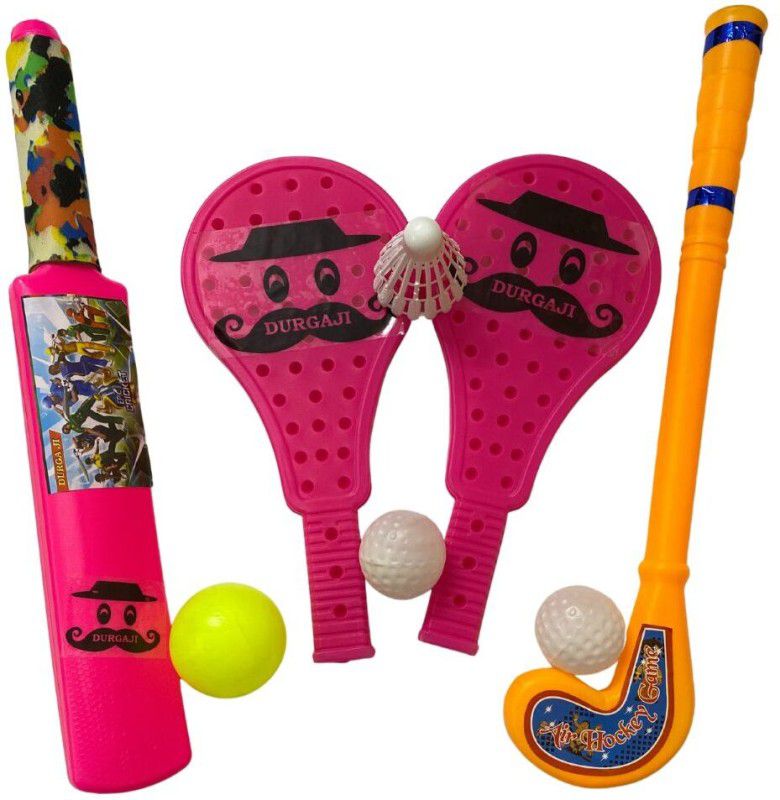 DURGA JI PLASTIC BAT BALL , HOCKEY & RACKET FOR KIDS SUPER COMBO - MULTICOLOUR Badminton Racquet