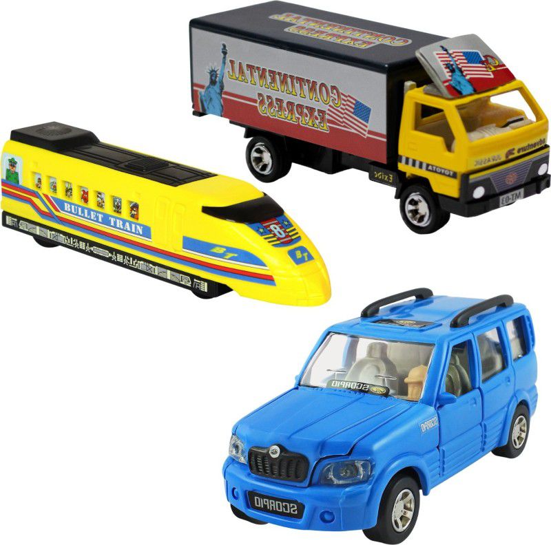 DEALbindaas Combo of Scorpio, Cargo Carrier & Bullet Train PullBack DieCast Door Opening Toy  (Multicolor, Pack of: 3)