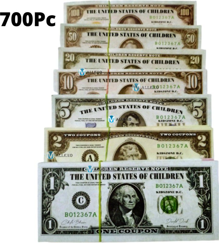 Mallexo Dollar Money for Kids 700Pcs Coupons 7 Design Doller Dummy Currency Notes for Kids Learning and Education Money for Kids Multicolor Nakli Notes or Playing Money Notes Money toys Gag Toy