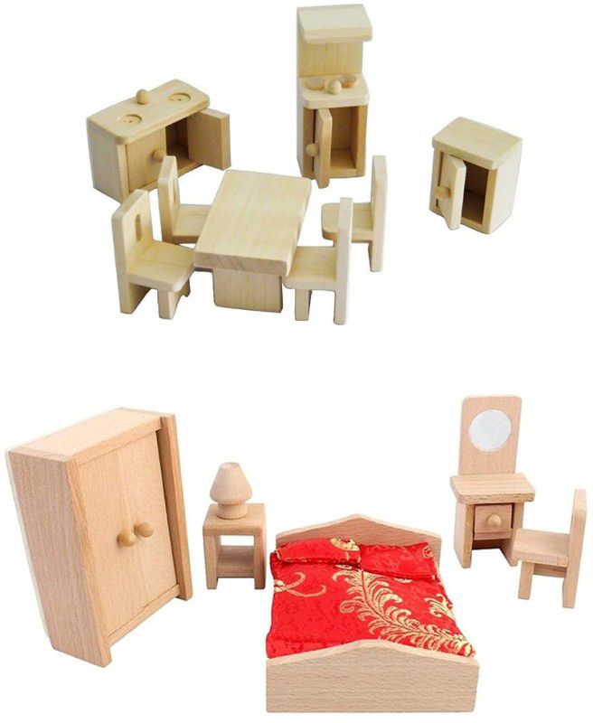 QWICK CLICK Kitchen Set & Bedroom Set Perfect Combination For Dollhouse Wooden Mininature Furniture Toy (Pack of 2)