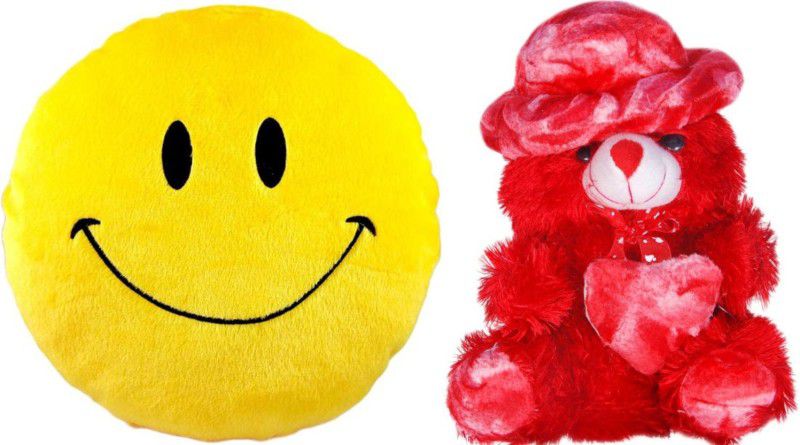 Agnolia stuffed Smiley cushion 35cm-Smile with Red Cap Teddy - 10 inch  (Multicolor)