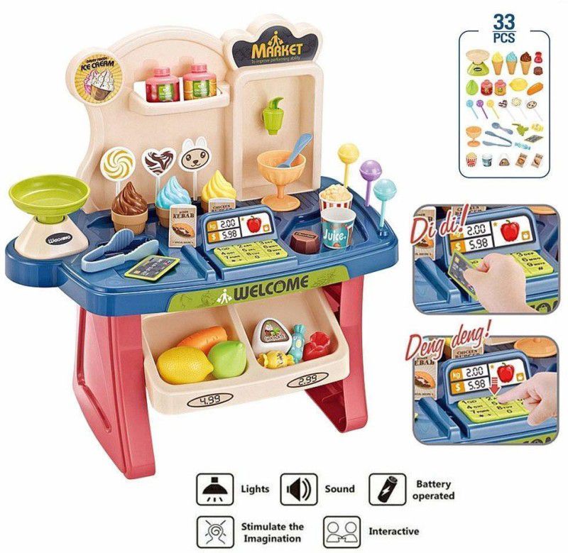 detra enterprise Mini ice Cream Supermarket Play Set Toy Shop with Sound & Effect for Kids, Pretend Play Kitchen Set Kids Toys for Boys and Girls
