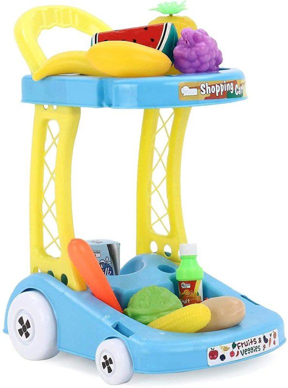 littlewish Fruits & Vegetables Big Size Super Market Trolley Shopping Play Set Toys, Pretend Grocery Play Food Set for Kids