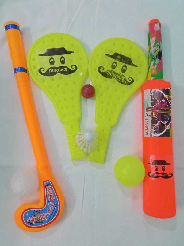 DURGA JI PLASTIC HOCKEY, BAT BALL & RACKET FOR KIDS COMBO - MULTICOLOUR Hockey Kit