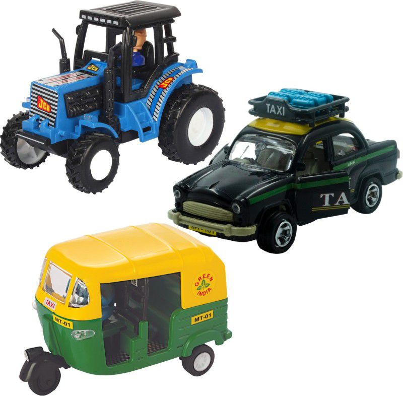 DEALbindaas Combo of Mini CNG Auto, Taxi & Tractor Pull Back Die-Cast Scaled Model Toy  (Multicolor, Pack of: 3)