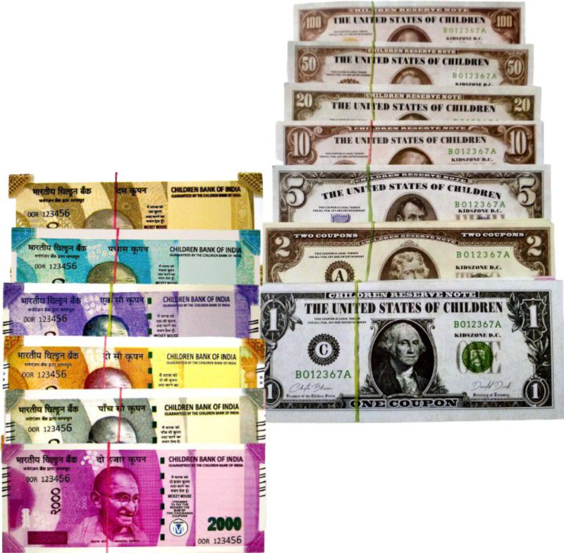 Mallexo Money Toys for Kids 650Pcs Coupons 7 Design Doller Dummy Currency Notes and 6 Design Indian Dummy Note for Kids Learning and Education Toys Multicolor Nakli Notes or Playing Money Notes Money toys Gag Toy