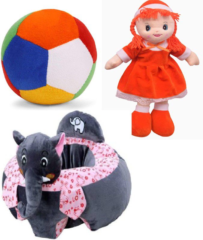 P I SOFT TOYS Very Special Pack 3 Cute Soft Toys For Baby (Sofa Elephant +Rattle Ball + Doll ) 25 - cm - 25 cm  (Multicolor)