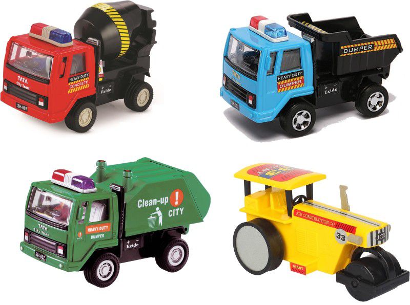 DEALbindaas Combo of Dumper, Cement Mixture, Road Roller & Sanitation Pull Back Model Toy  (Multicolor, Pack of: 4)