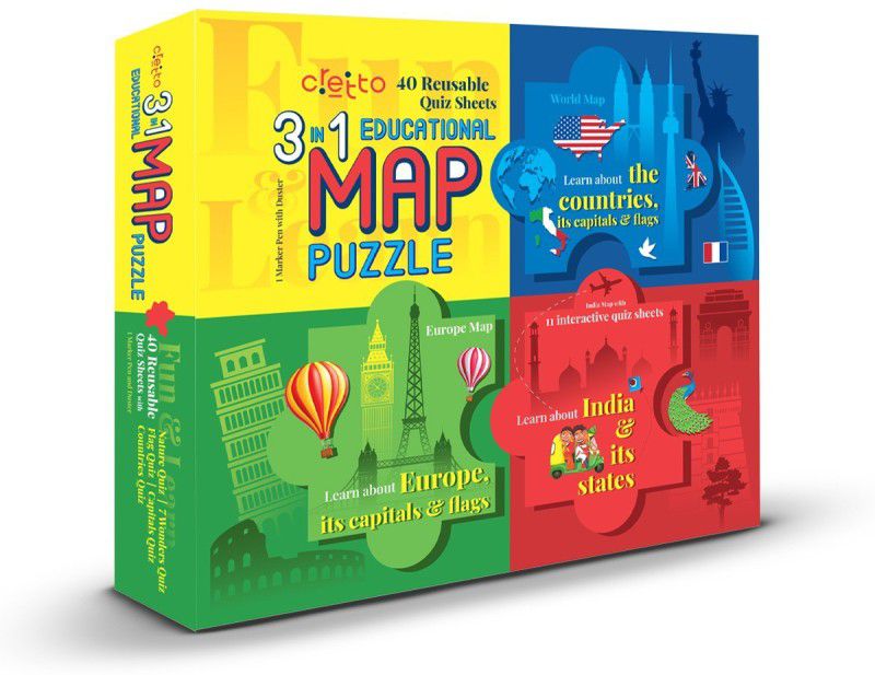 cretto 3 in 1 Educational World Map Puzzle with 40 Re-usable Quiz Sheets (Includes World Map, India Map and Europe Map)  (103 Pieces)