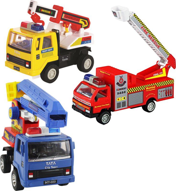 DEALbindaas Combo of Rescue Service, Fire Brigade & Crane Truck Die-Cast Pull Back Model Toy  (Multicolor, Pack of: 3)