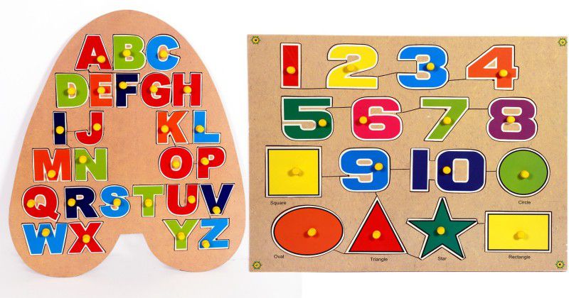 Toyvala Wooden Puzzle Board for Kids - Capital Alphabets A Shaped & 1-10 With 6 Different Shapes Wooden Learning Jigsaw Puzzle 3D Wooden Board - Learning & Educational Gift for Kids ( Combo Of 2 )  (42 Pieces)