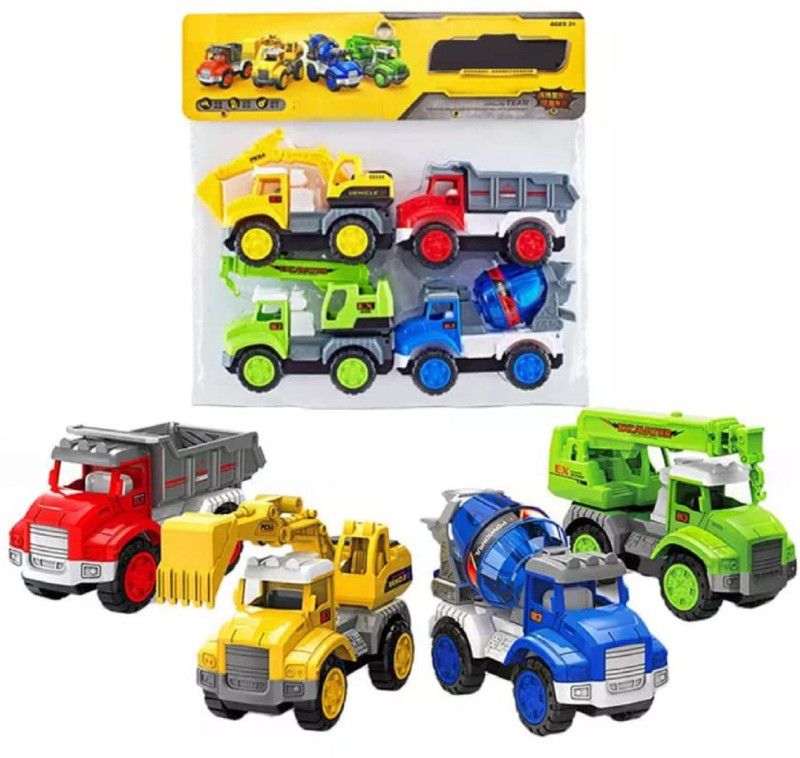 Skstore City Truck Pack of 4 Friction Powered Cars Construction Push and Go Car Crane  (Multicolor)