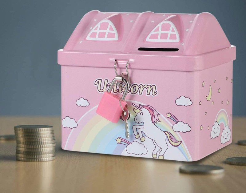 GAMLOID HOT SELLING Unicorn Printed Hut House Shape Metal Piggy Bank & Lock, Keys Coin Safe, Storage Money Box, Coin Bank, for Kids Girls, Perfect Return Birthday | X-Mas | Special Occasion Gifts