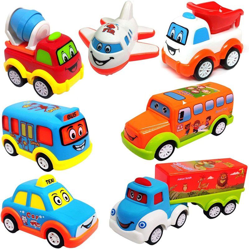 Learn With Fun Unbreakable Pull Back Texi Car Truck Bus Plane Toy for Boys girls Kids  (Multicolor, Pack of: 7)