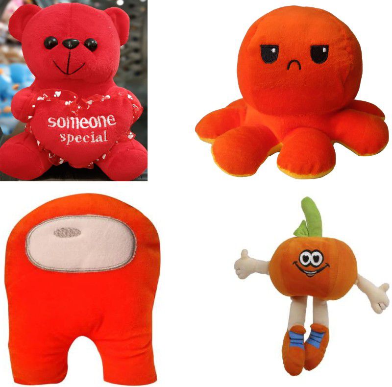 tgr cute stuffed for soft toy combo ( red mini teddy bear + amoung us +octopus+ orange fruits ) - 25 cm  (Multicolor)