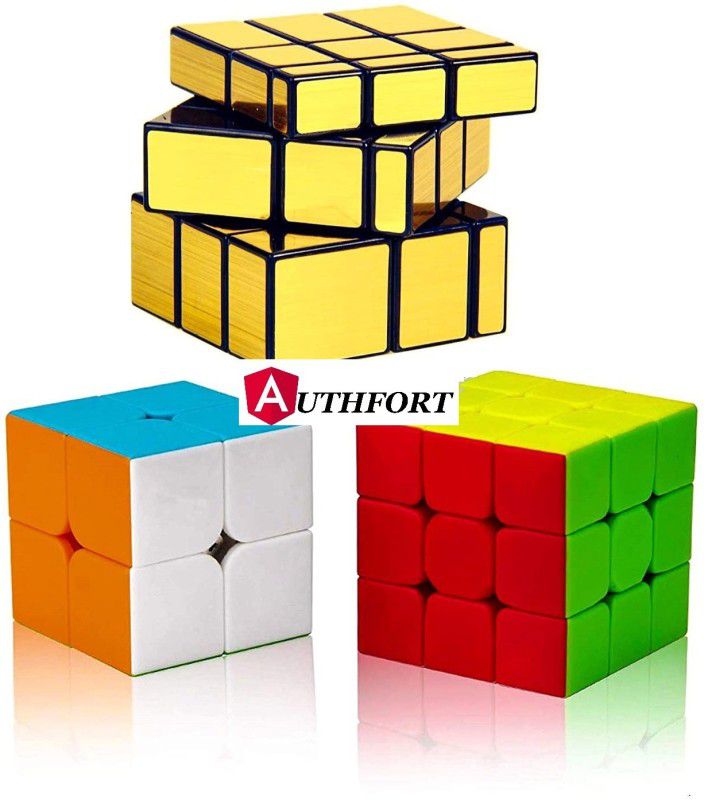Authfort Stickerless Cube Set of 2X2 3x3 and Stickered Gold Mirror Puzzle Cubes Combo  (3 Pieces)