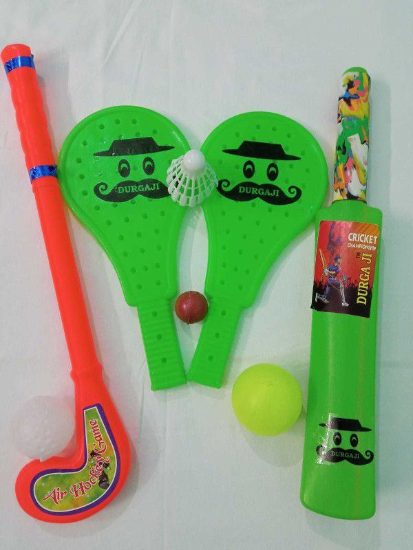 DURGA JI PLASTIC BAT BALL, RACKET & HOCKEY FOR KIDS BIG SUPER COMBO - MULTICOLOUR Cricket Kit