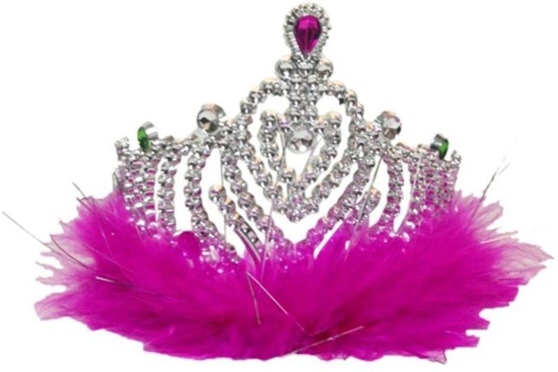 FUNCART Silver Crown Tiara with Pink Feather