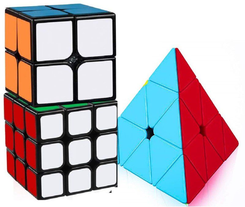 Authfort Speed Cube Set of Black base stickered 2x2x2 3x3x3 stickerless Pyramid Smooth Puzzle Cube set of 3  (3 Pieces)
