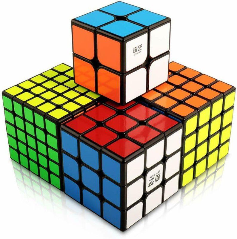 Authfort Qiyi 4 Pack Speed Cubes Bundle 2x2 3x3 4x4 5x5 Black Twist Speed Cube Set  (4 Pieces)
