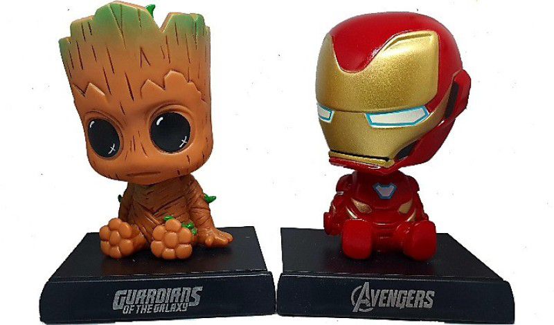Daiyamondo Gurdian Of Galaxy Groot With Avenger iron Man Big Size Bobble Head - Action Figure Moving Head Bobblehead Spring Dancing PVC Bobble Spring Dancing Doll Toy Car Dashboard Bounce Toys for Car Interior Dashboard  (Multicolor)