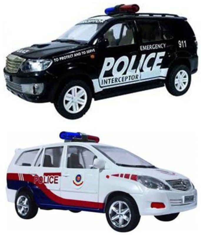 SRD TRADERS Pack of 2 Pull Back Action Miniature Models Fortune Interceptor Car and Delhi Police Car Toys for Kids [COMBO OFFRER] [Set of 2] [ NON-TOXIC MATERIAL ]  (White, Black, Red, Blue, Pack of: 2)