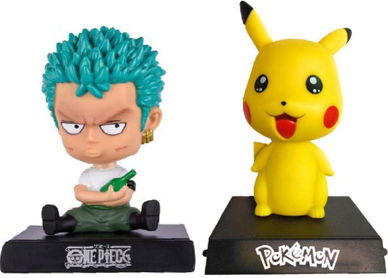 Daiyamondo Green Head One piece with Pikachu Pokemon Big Size Bobble Head - Action Figure Moving Head Bobblehead Spring Dancing PVC Bobble Spring Dancing Doll Toy Car Dashboard Bounce Toys for Car Interior Dashboard  (Multicolor)