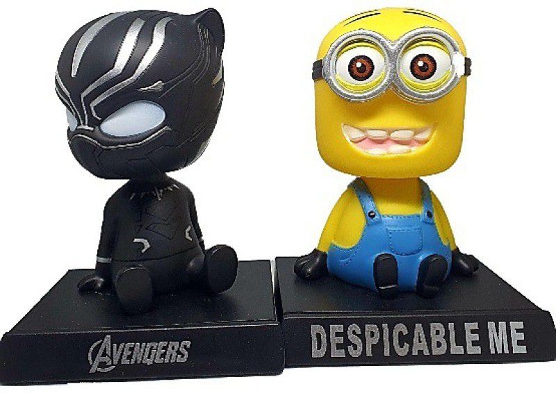 Daiyamondo Avenger Black Panther With Despicable Minion Big Size Bobble Head - Action Figure Moving Head Bobblehead Spring Dancing PVC Bobble Spring Dancing Doll Toy Car Dashboard Bounce Toys for Car Interior Dashboard  (Multicolor)