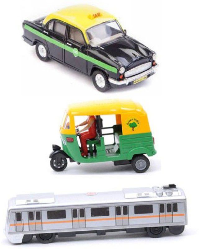 SRD TRADERS Pack of 3 Pull Back Action Miniature Model Ambassador Taxi and Auto Rickshaw and Metro Toys for Kids  (Red, Black, Blue, White, Grey, Yellow, Pack of: 3)