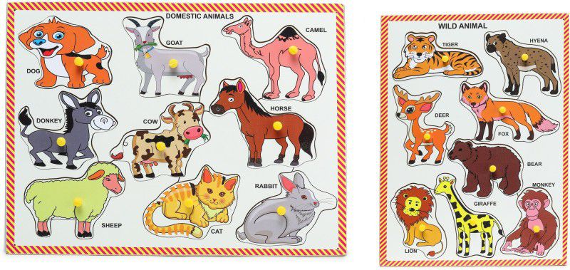 DgCrayons Wooden Wild & Domestic Animals Tray with Picture & Knobs Pegged Puzzle for Kids  (17 Pieces)