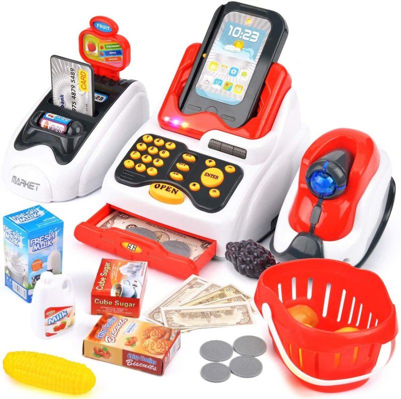 NIJEK STORE Cash Register Game with Scanner Credit Card Money Food Shopping Play Set for Kid