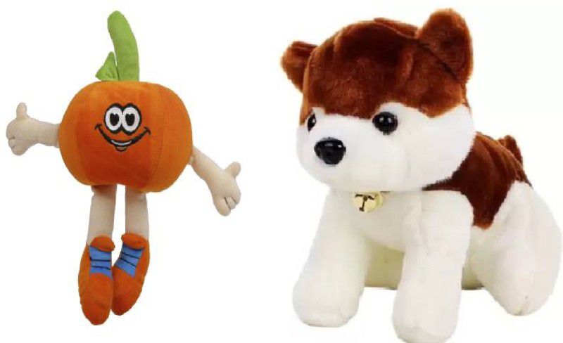 tgr cute soft husky bell dog& orange fruit combo - 35 cm  (Multicolor)