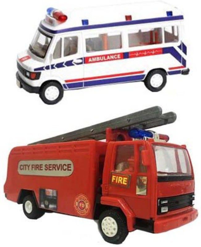 SRD TRADERS Pack of 2 Pull Back Action Miniature Model Ambulance and Fire Tender Toys for Kids [COMBO OFFRER] [Set of 2] [ NON-TOXIC MATERIAL ]  (Red, Black, White, Blue)