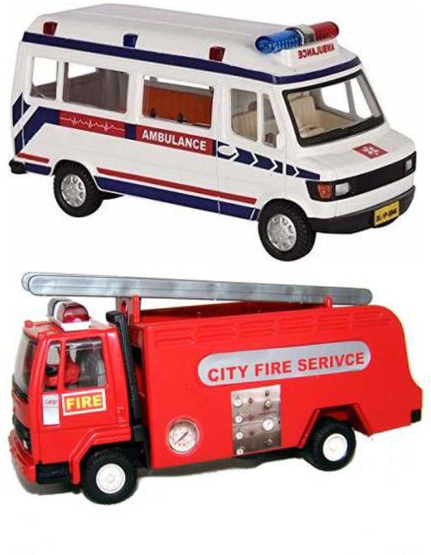 SRD TRADERS Pack of 2 Miniature Models Ambulance Van and Fire Tender Truck Toys for Kids [Set of 2] [ NON-TOXIC MATERIAL ] (Emergency Toys)  (Multicolor, Pack of: 2)