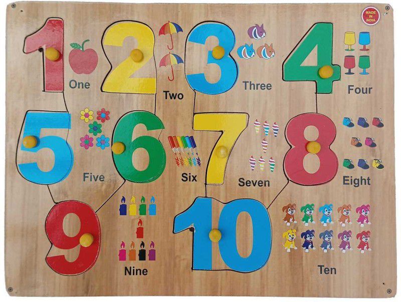 FireFlies Wooden 1-10 Number With Picture Puzzle With Nob Educational Peg Board for kids  (1 Pieces)
