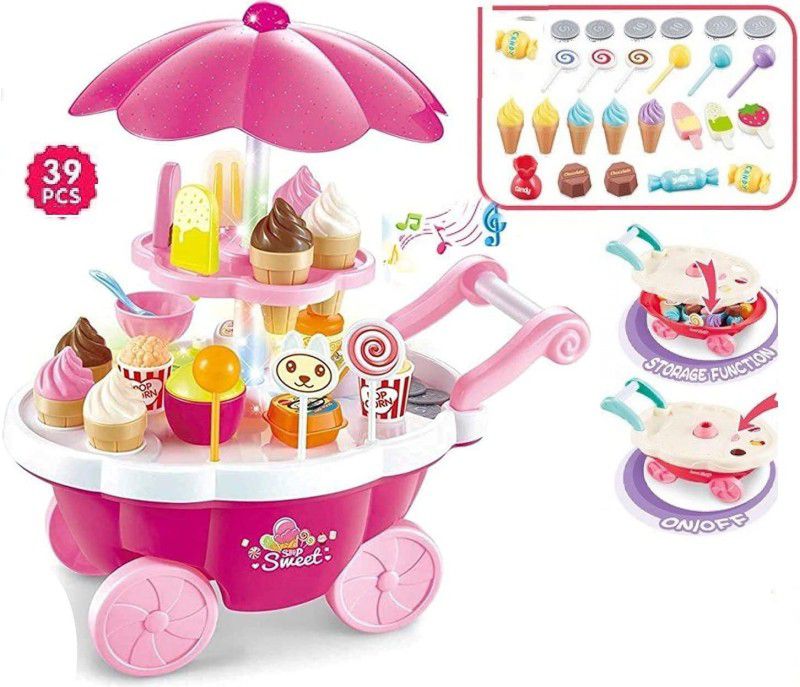 Toyzzilla Ice Cream Trolley Pretend Role Play Set with LED Lights and Music Toy for Kids