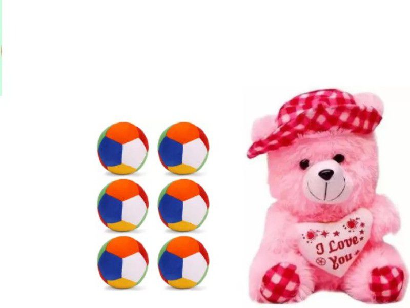 Nihan Enterprises 6pc soft toys and pink check cap teddy - 30 cm  (Multicolor)