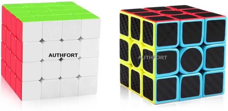 Authfort Black Carbon Fiber 3x3 cube 4 X 4 Speed Stickerless Cube combo pack of 2  (2 Pieces)