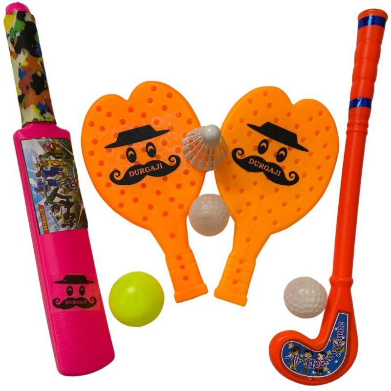 DURGA JI PLASTIC HOCKEY, BAT BALL & RACKET FOR KIDS SUPER COMBO - MULTICOLOUR (AGE 2+) Cricket